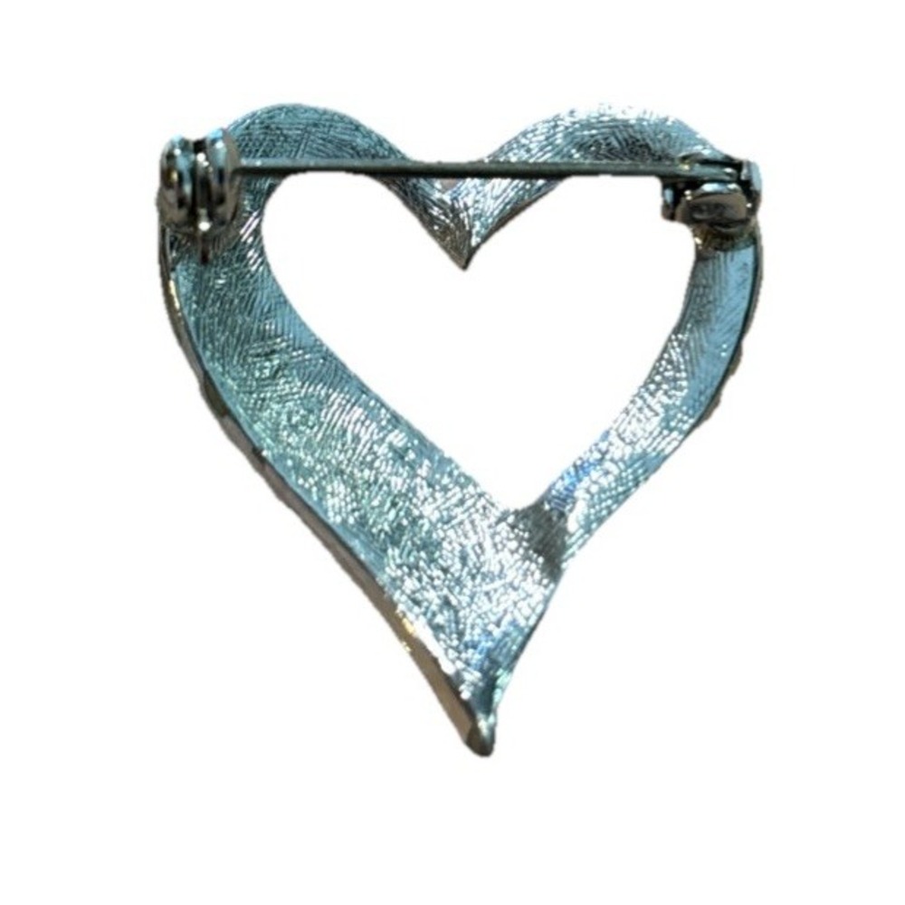 Vintage Silver Tone Open Heart Brooch With Rhinestones 1" - Picture 2 of 5